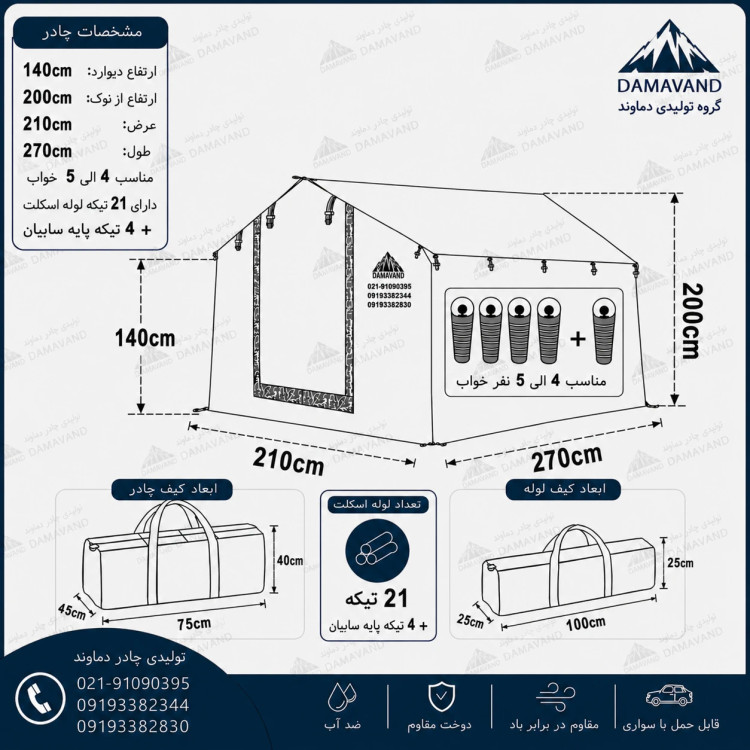 شماتیک و ابعاد چادر کمپینگ ۶ متری VIP سایبان دار برزنت گلشن دماوند