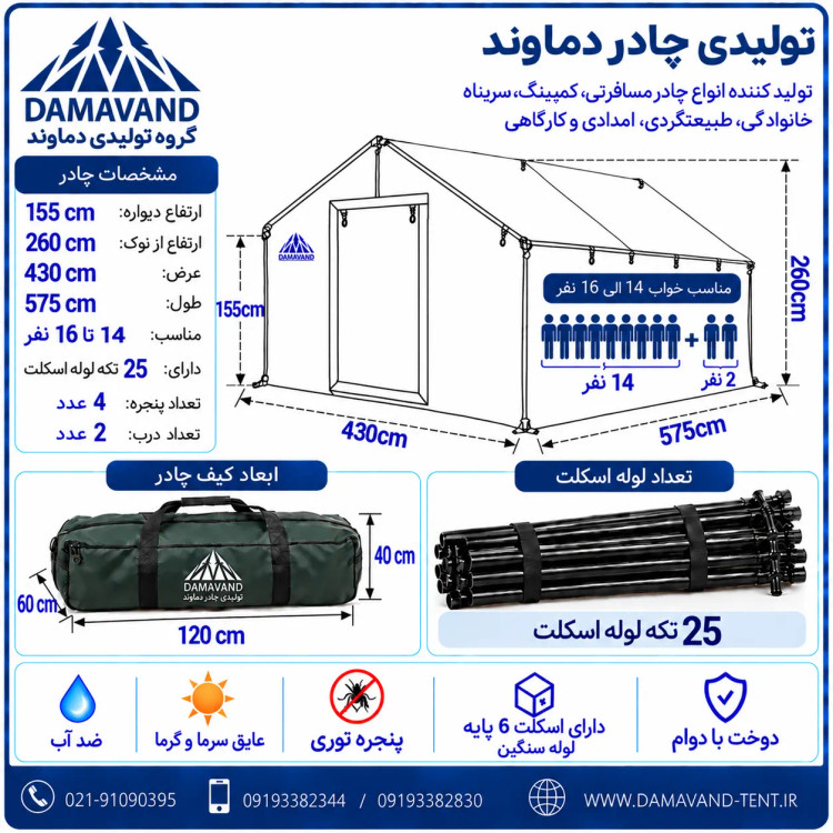 شماتیک و ابعاد چادر اسکلتی ۲۴ متری برزنت گلشن با اسکلت ۸ پایه لوله سنگین دماوند